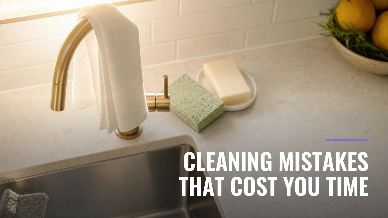 A folded white cloth draped over a brass kitchen tap beside a new sponge, soap bar and lemons on pale stone, late sun glowing through the window behind.