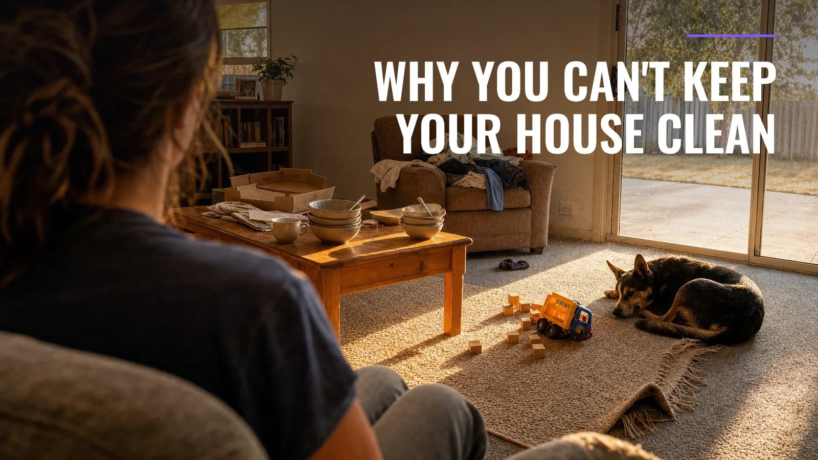 Seen from behind, a person sits still on the edge of a sage sofa facing a sunlit living room with unfolded washing, mail and toys left about.