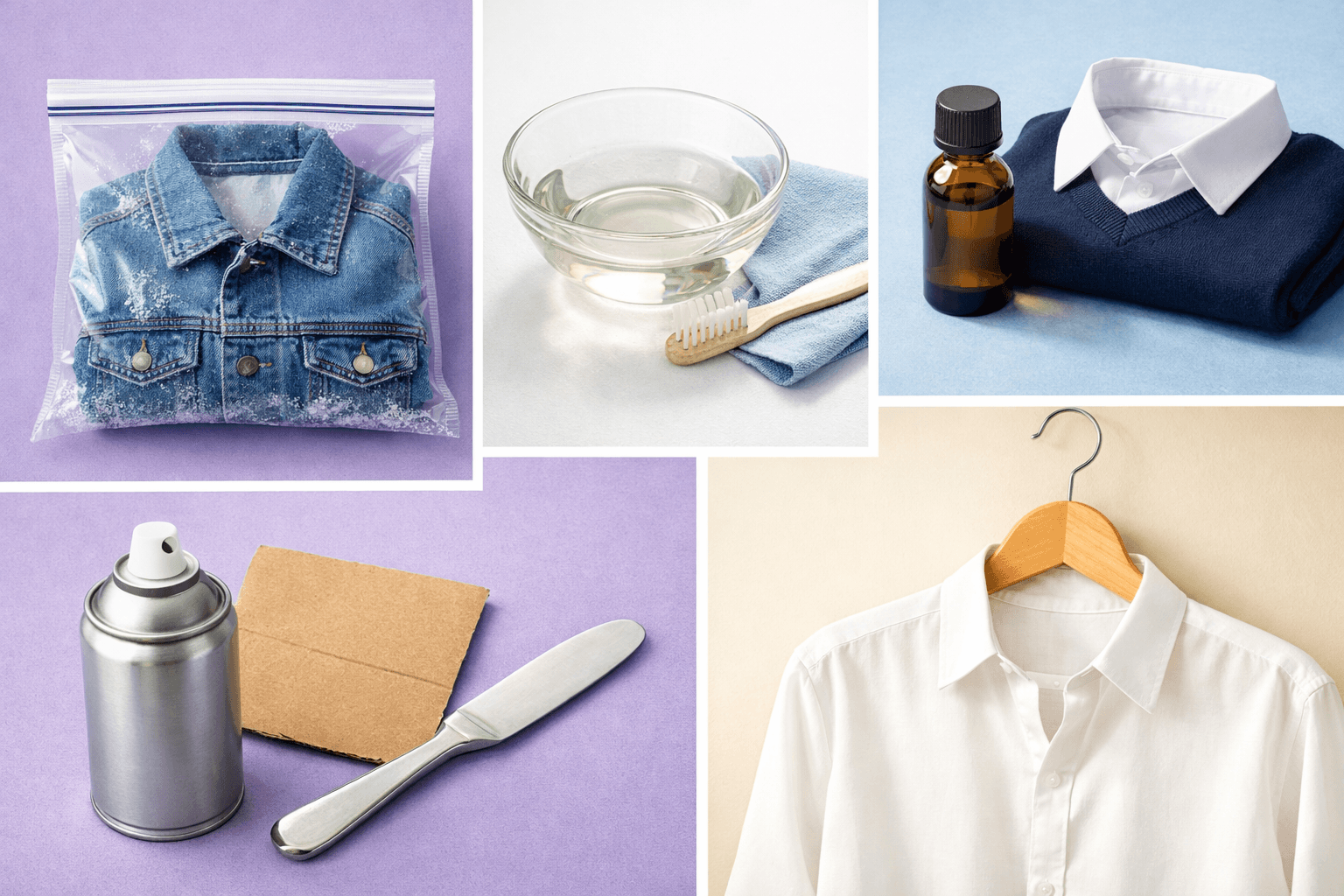 Collage showing five methods to remove chewing gum from clothes including freezing, vinegar, eucalyptus oil, hair spray, and the clean result