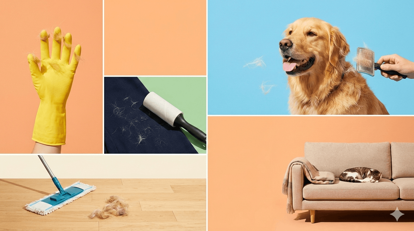Collage grid showing pet hair removal methods: rubber glove gathering fur, dog being groomed, lint roller on fabric, microfibre mop on floor, and cat on a cosy couch