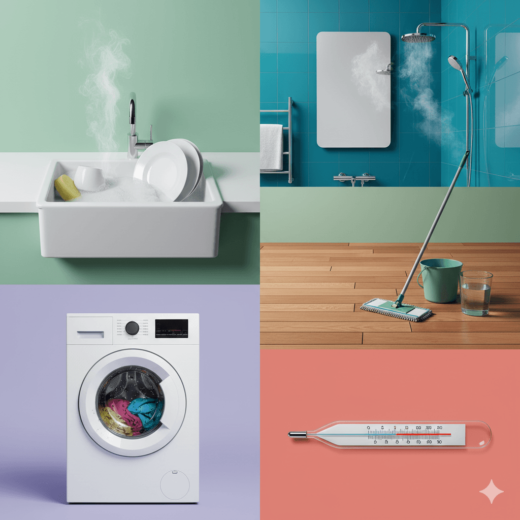 Collage showing water temperature for different cleaning tasks including dishes, bathroom steam cleaning, hardwood floors, and laundry