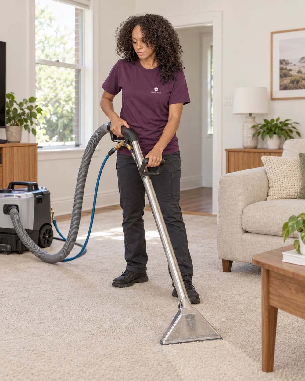 Simply Maid crew member using a professional extraction wand on a carpet