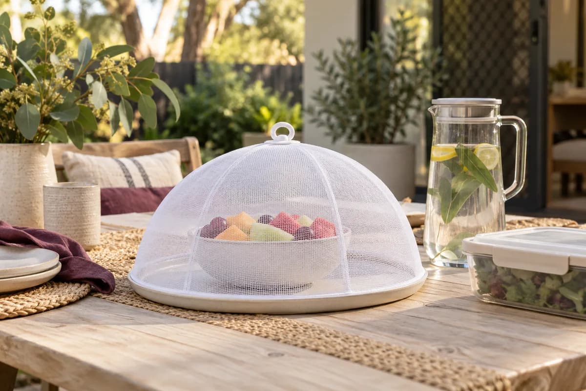 A mesh dome covering a bowl of fruit beside a lidded jug and food container on an outdoor table