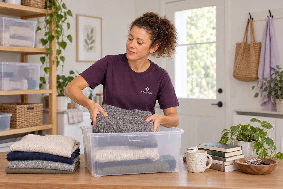 A cleaner groups folded clothing into a storage tub on a utility table.