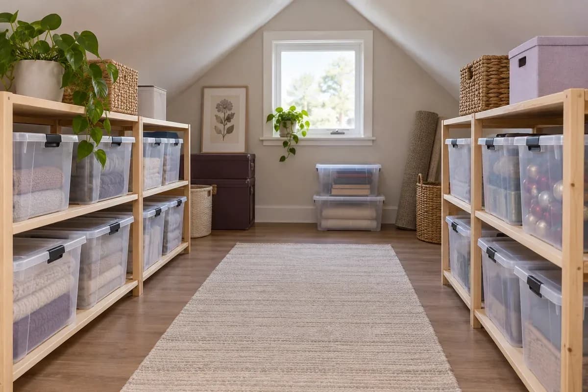 Lidded storage tubs arranged on low shelves beside a clear walkway.