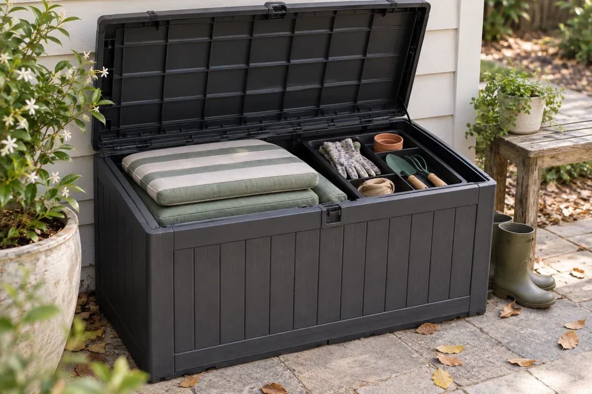 Outdoor cushions and small tools arranged in a weatherproof storage box.