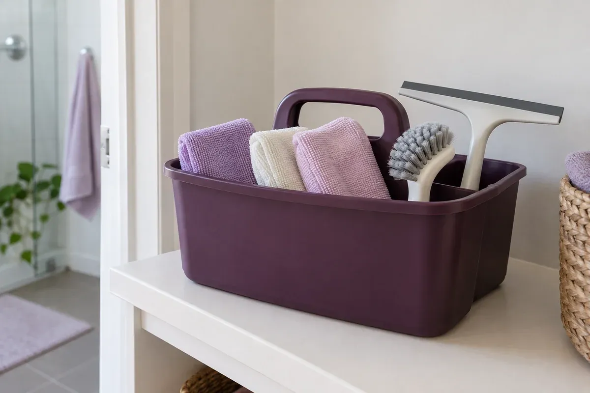Folded cloths, a soft brush and a squeegee grouped in a compact cleaning caddy.
