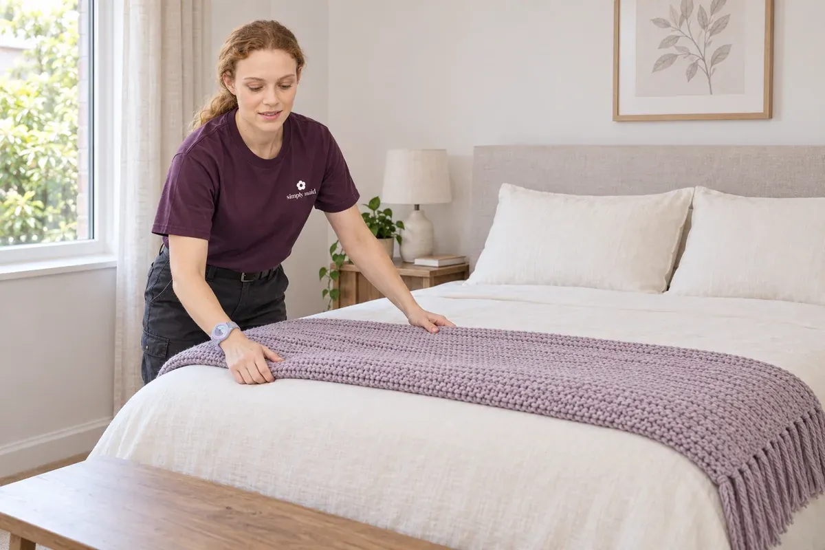 A cleaner places a folded knitted throw across the foot of a bed.