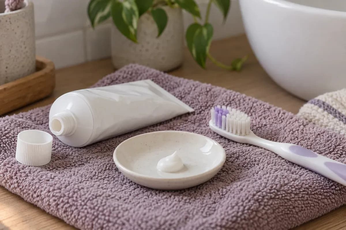 A small amount of plain white toothpaste beside a soft toothbrush.