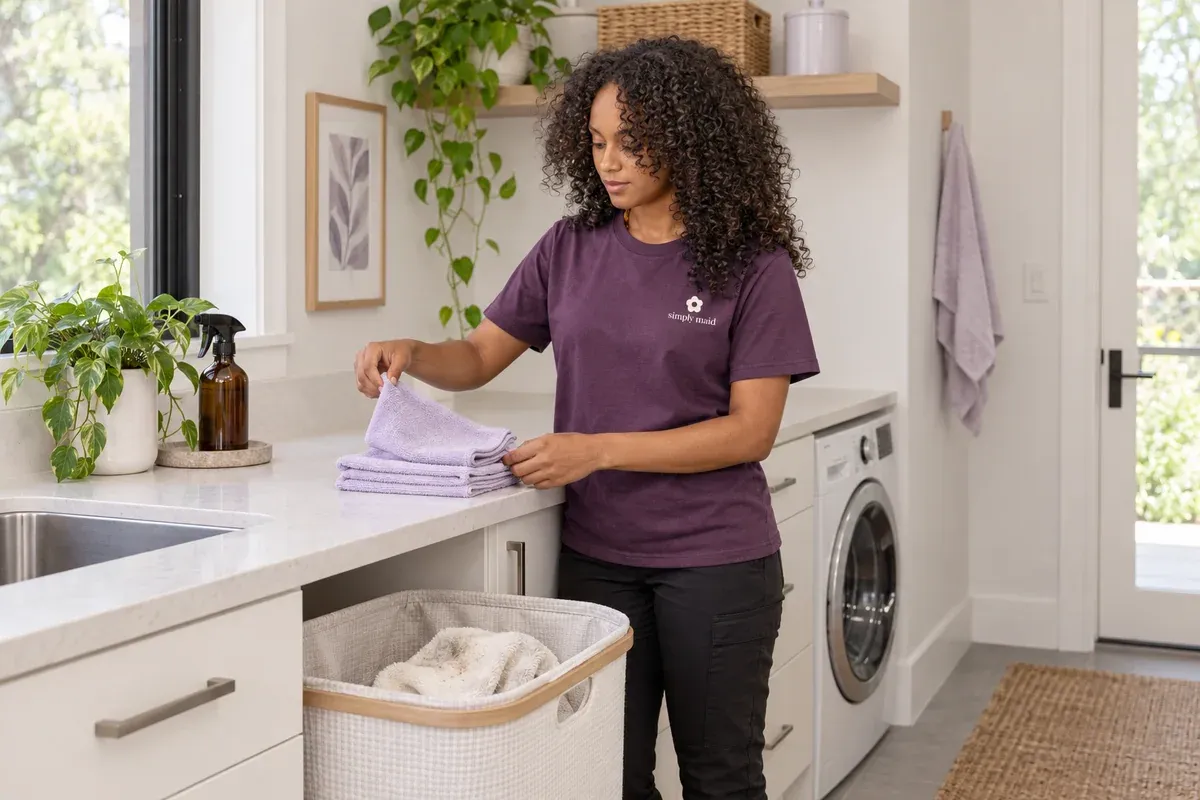 A cleaner selects a fresh cloth from a clean stack.