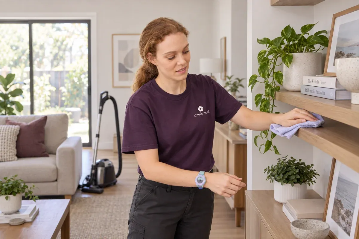 A cleaner dusts a reachable shelf before cleaning lower surfaces.
