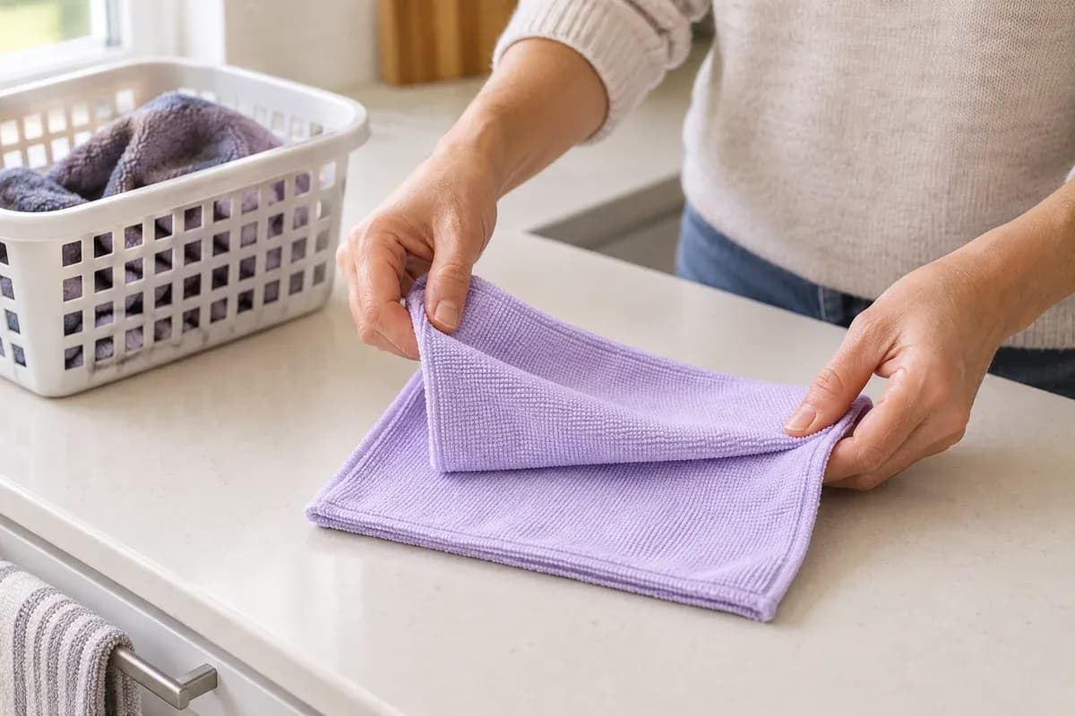 Hands opening a fresh fold of a microfibre cloth.