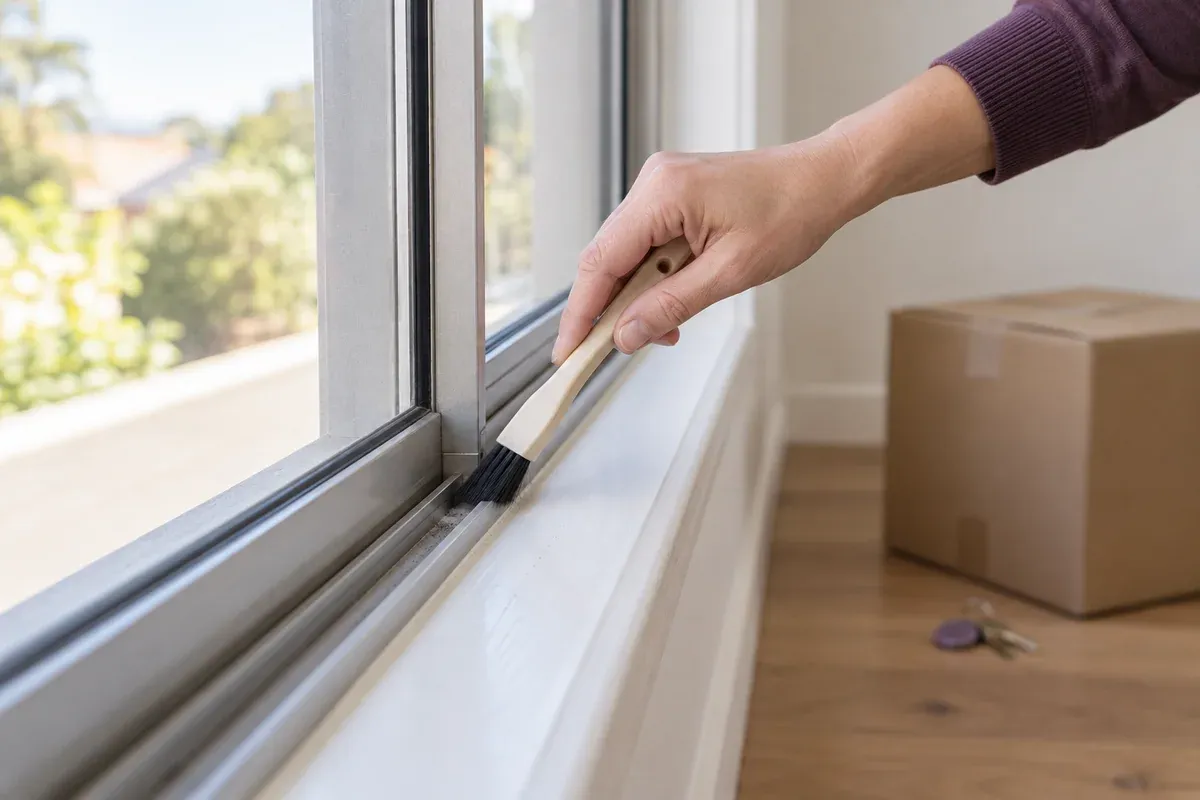 A small brush cleaning a window track during a move-out tidy.