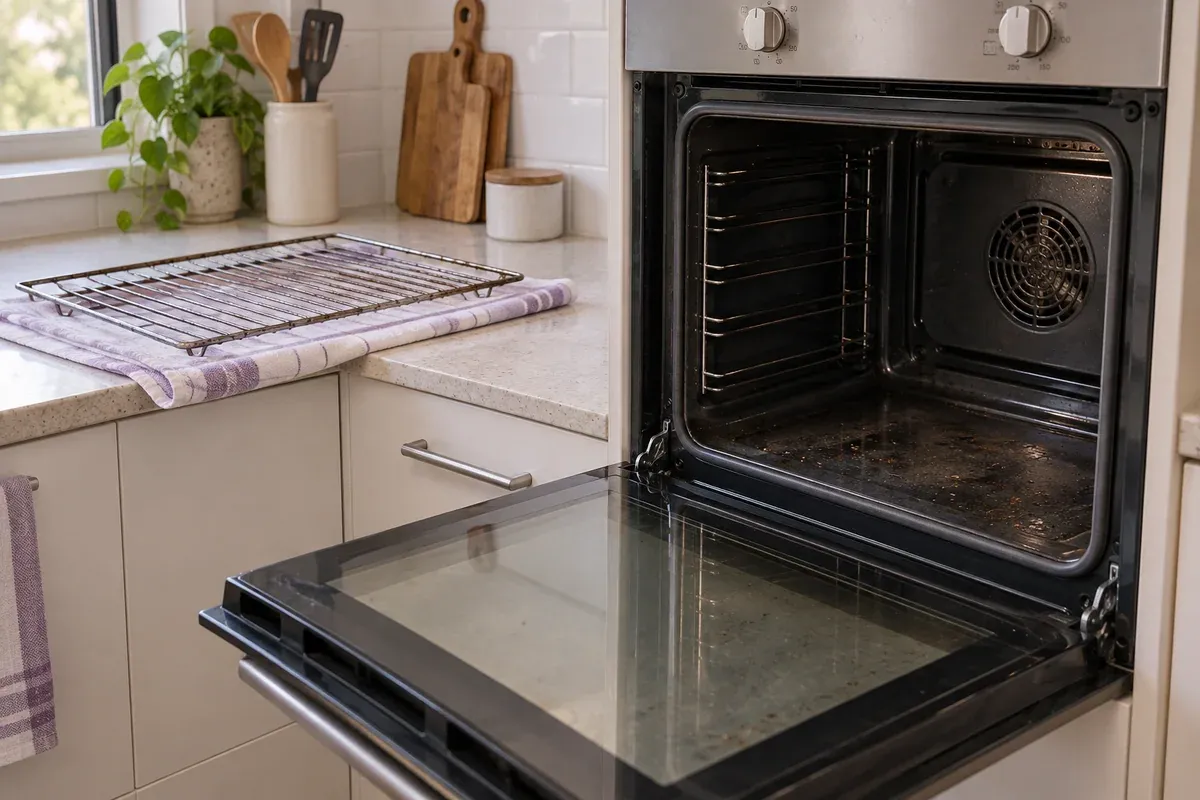 An open cool oven and a removable rack in a rental kitchen.