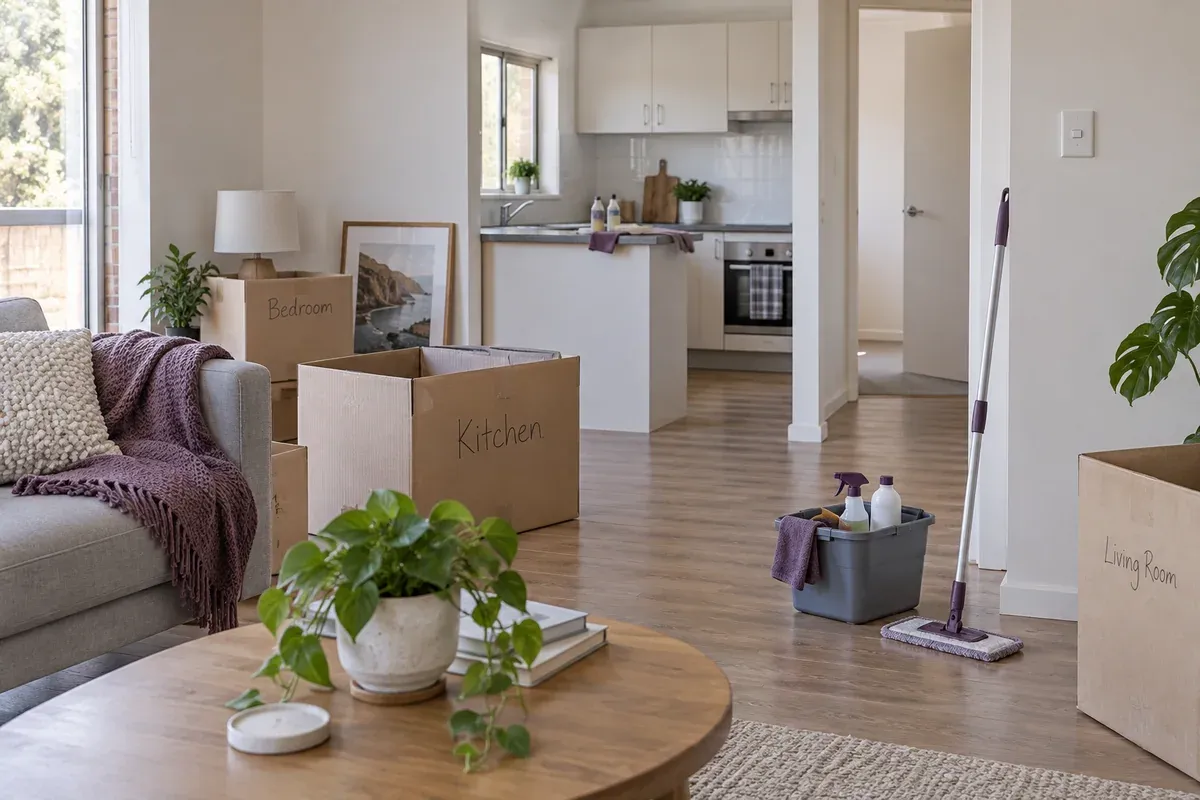 A living area with moving boxes, cleaning equipment and an adjoining kitchen.