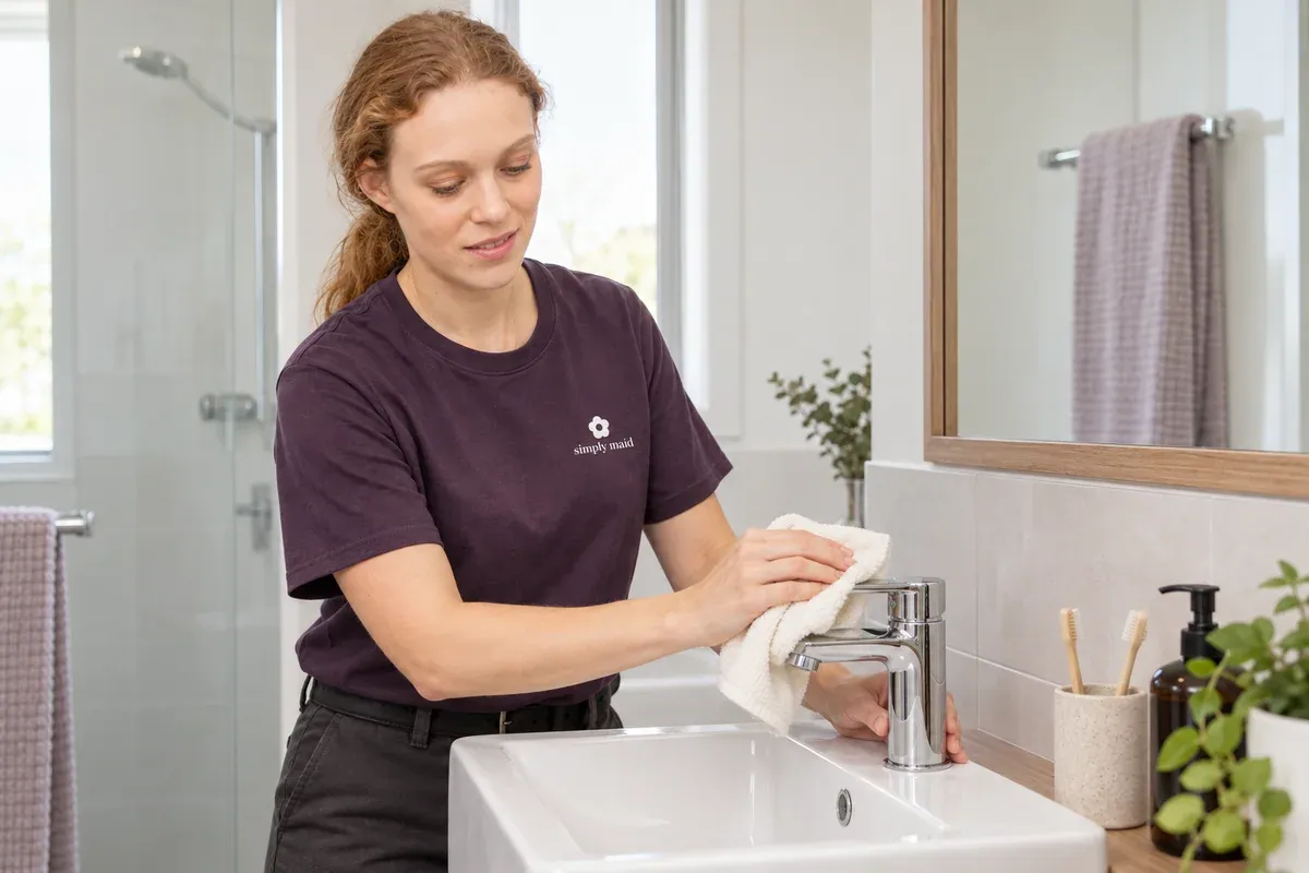 A cleaner dries a chrome basin tap with a soft cloth.