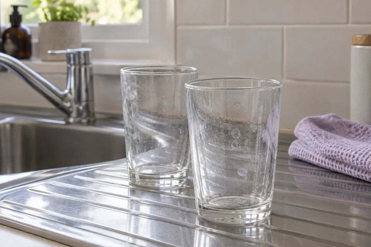 A cloudy film and dried water marks on two glasses beside a draining board.
