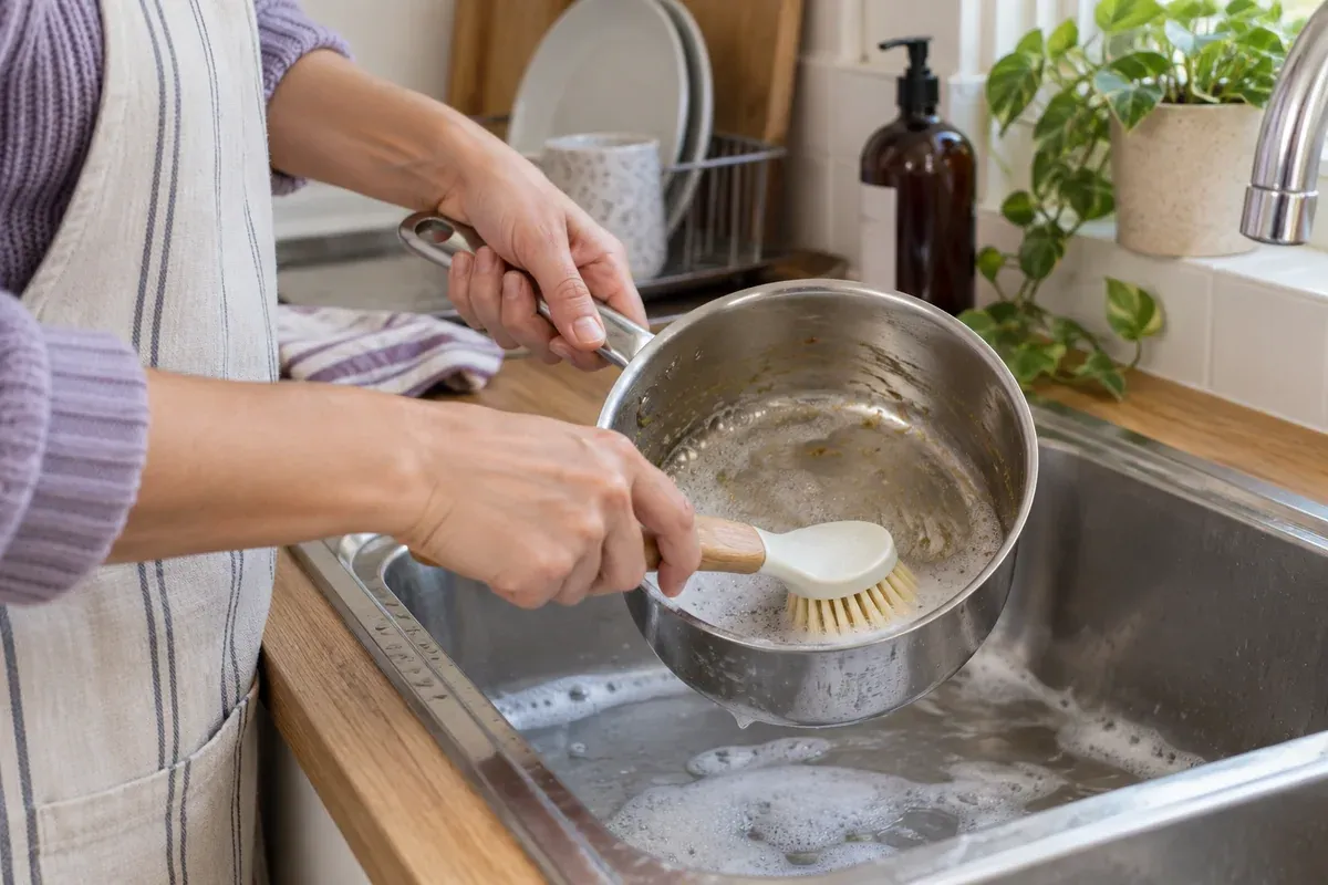 Hands wash a stainless saucepan with a soft dish brush.