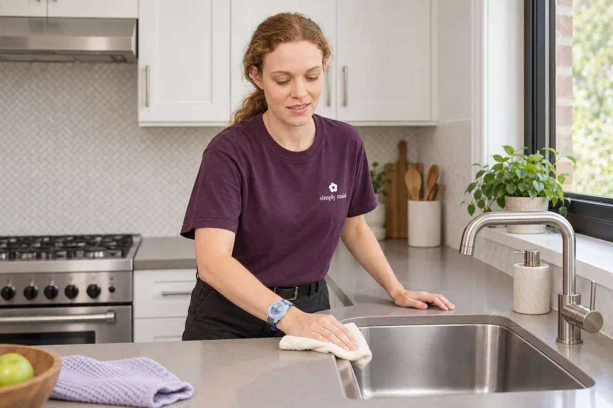 A cleaner wipes the rim of an empty kitchen sink.