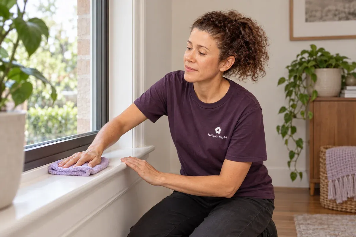 A cleaner wipes an interior window sill.