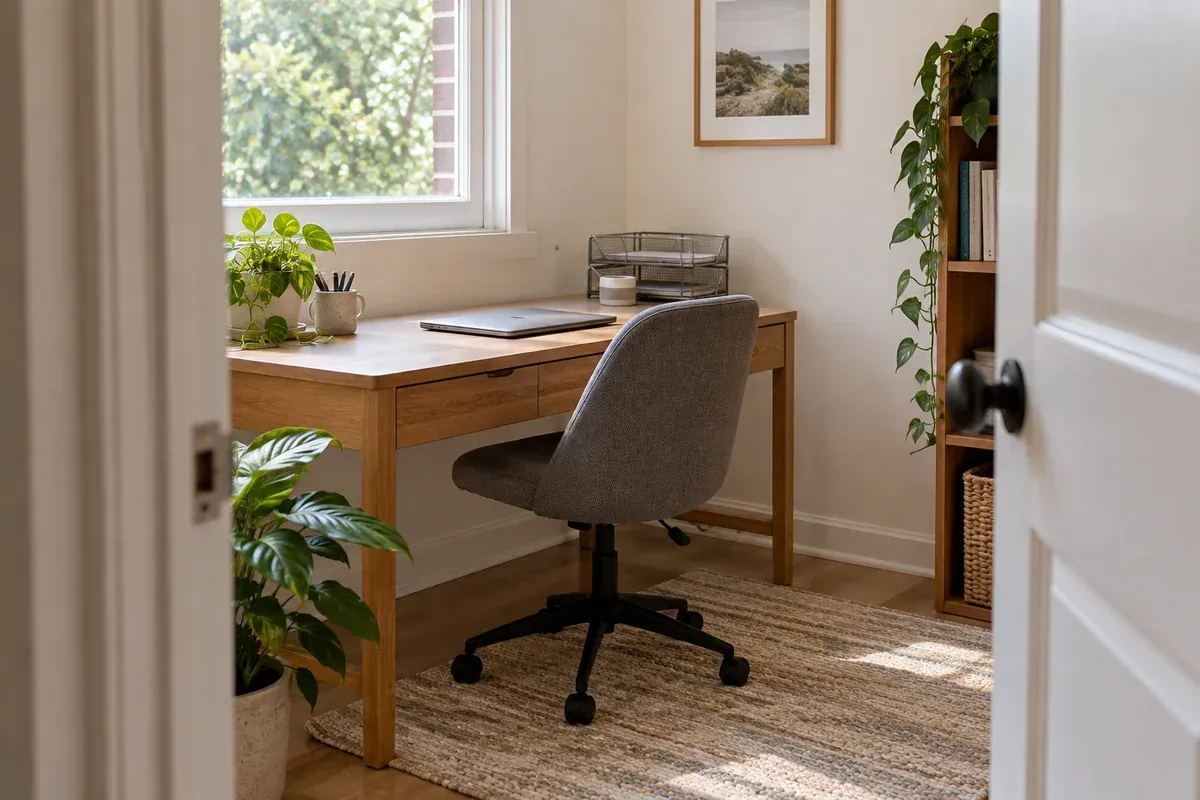 A separate home-office room with a desk and filing space.