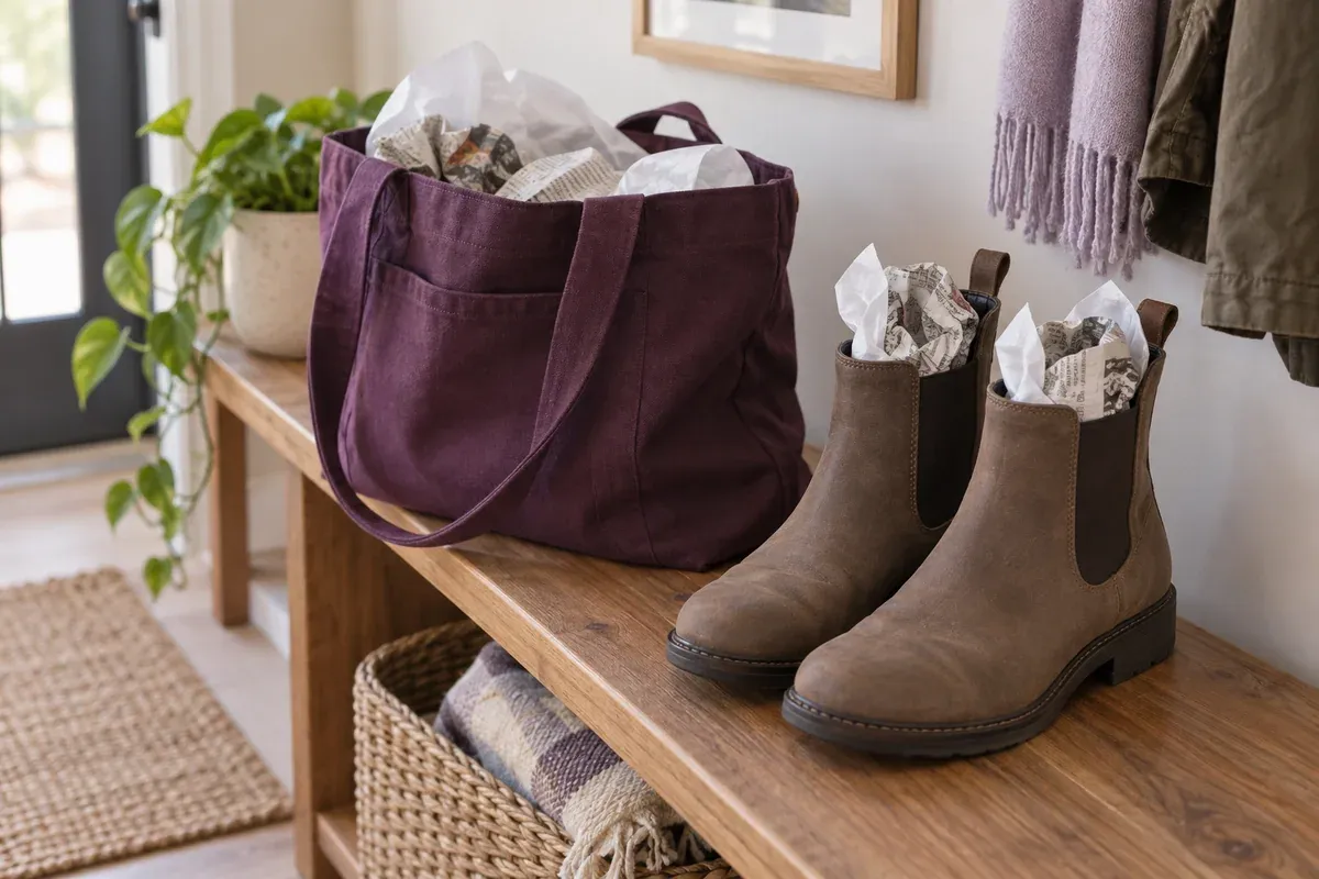 Crumpled newspaper supports the shape of boots and an everyday bag.