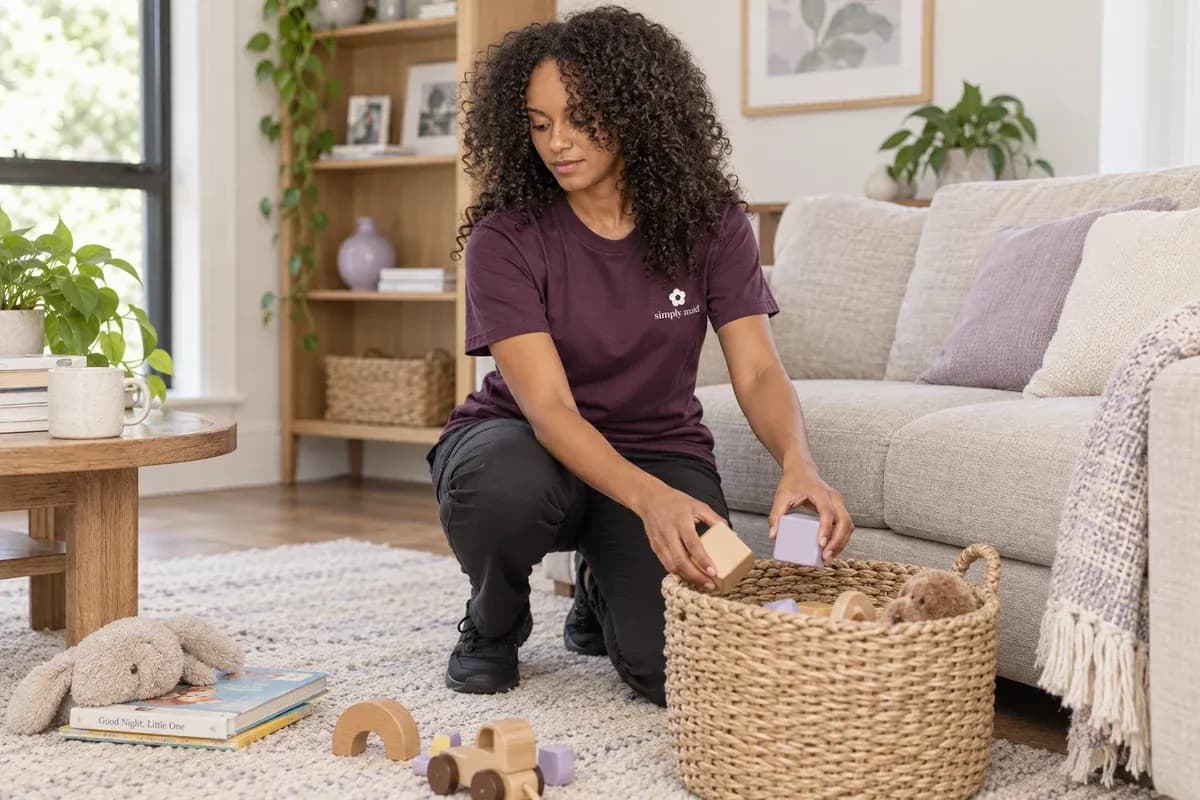 A cleaner returns wooden toys to a basket beside a sofa.
