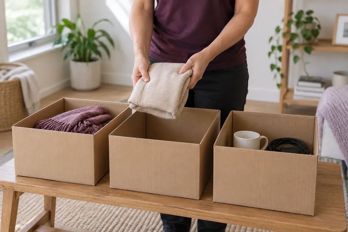 Three open boxes used to sort small household belongings.