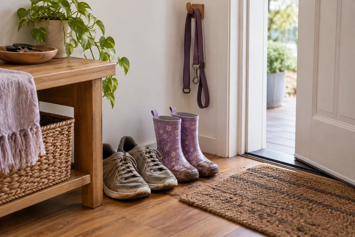 Shoes, small gumboots and a lead beside a washable entry mat.