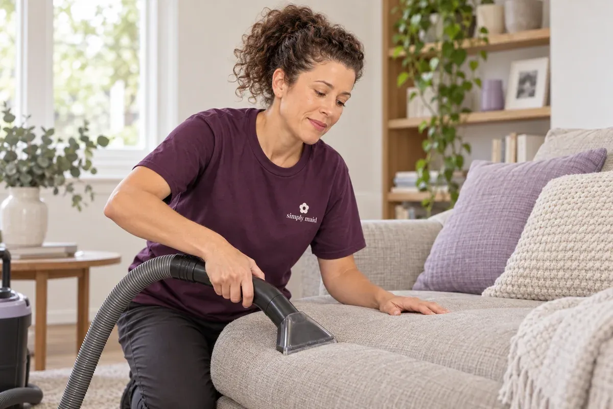 A cleaner vacuums a frequently used sofa seat.