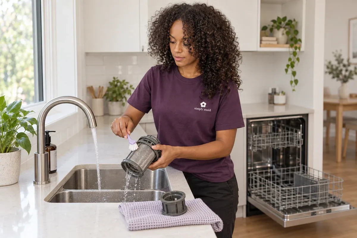 A cleaner brushes a removable dishwasher filter at the sink.