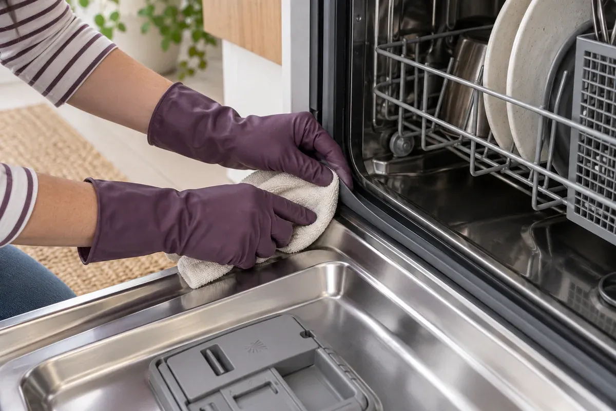 A cloth wipes the accessible fold of a dishwasher door seal.