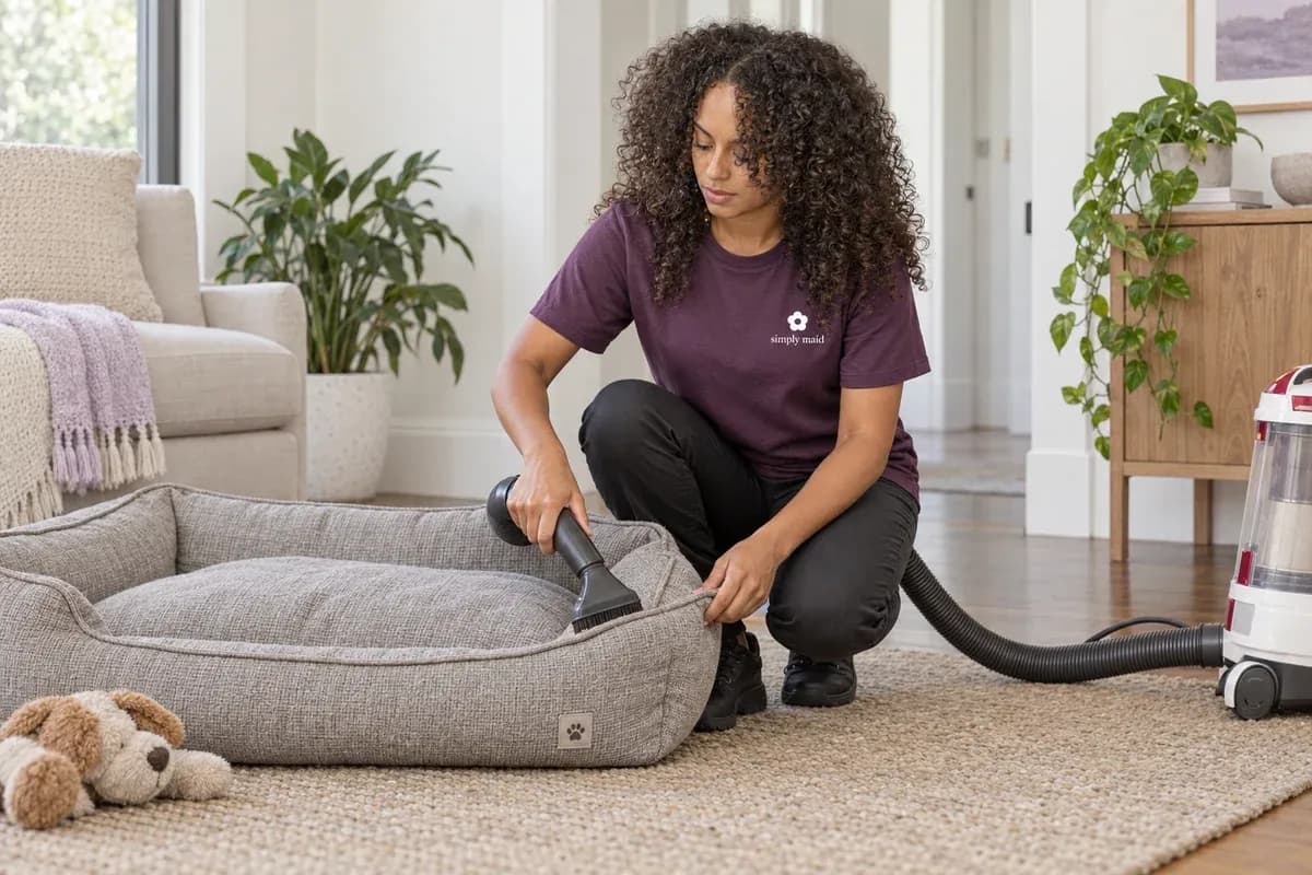 A cleaner vacuums the seam of an empty fabric dog bed.