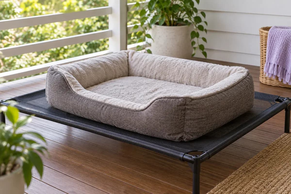 A dog bed laid flat in an airy sheltered spot to dry.