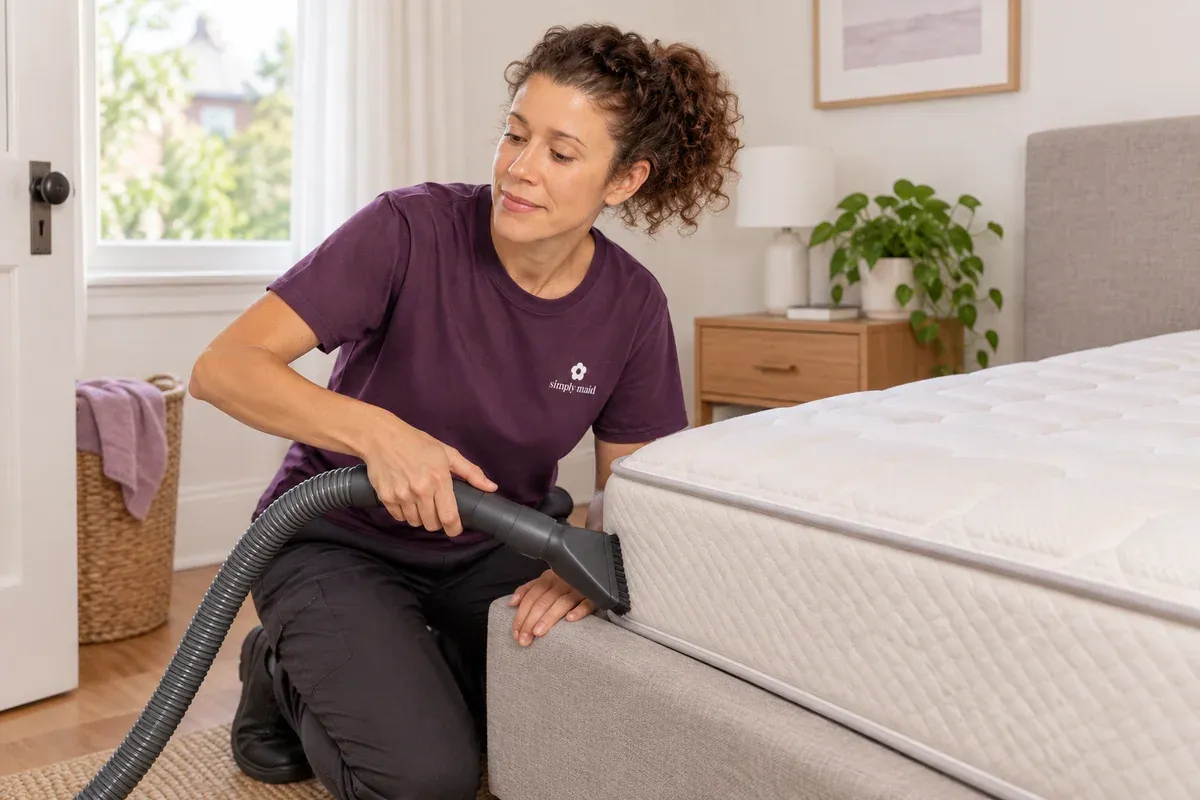A cleaner vacuums the seam of a bare mattress with an upholstery attachment.