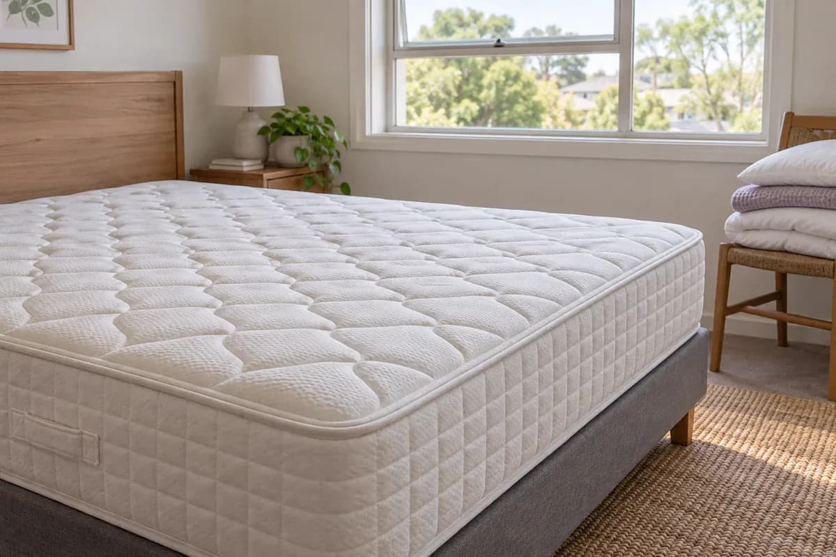A bare mattress left uncovered in a ventilated bedroom.