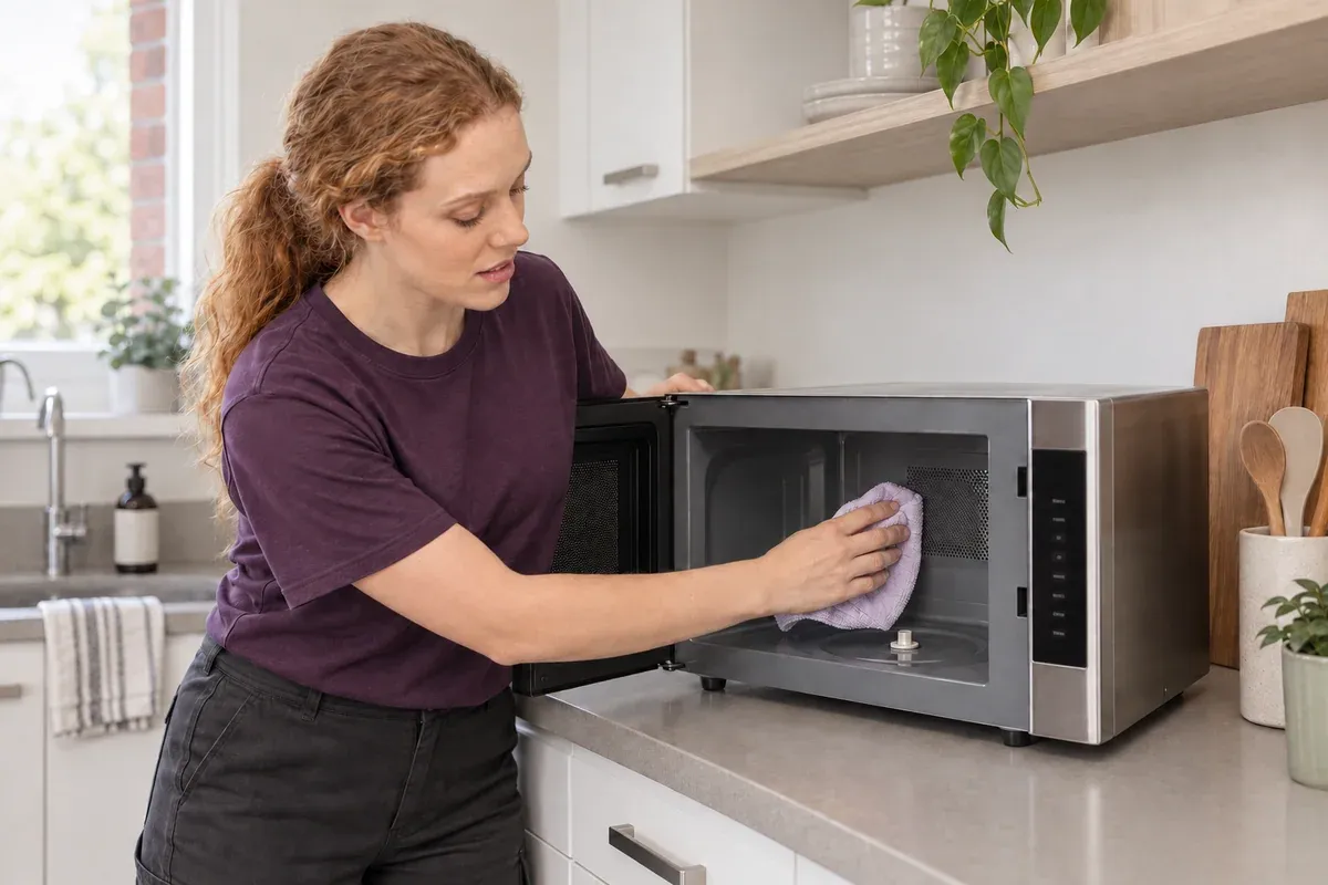 A cleaner gently wipes the inside wall of a cool microwave.