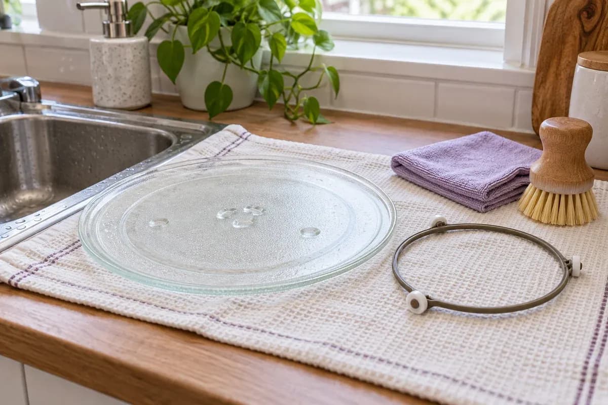 A glass microwave turntable and roller ring drying separately on a towel.