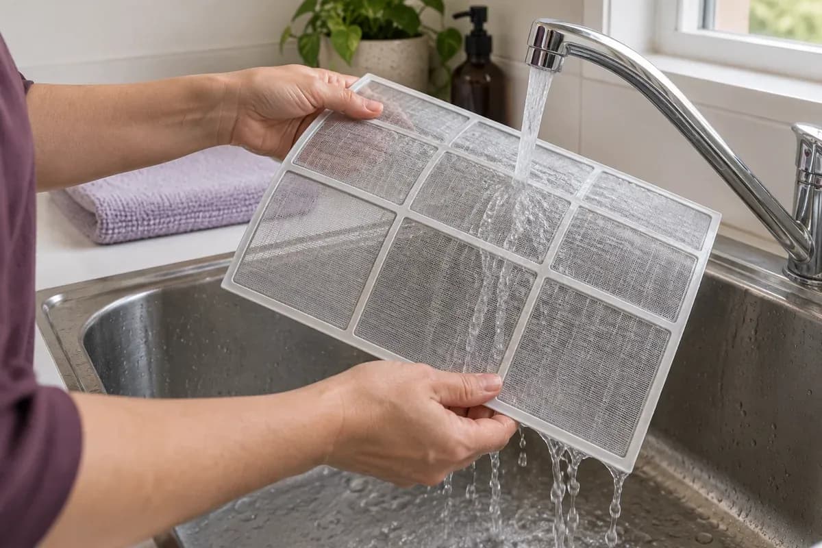 A removed washable air-conditioner filter rinsed over a laundry tub.