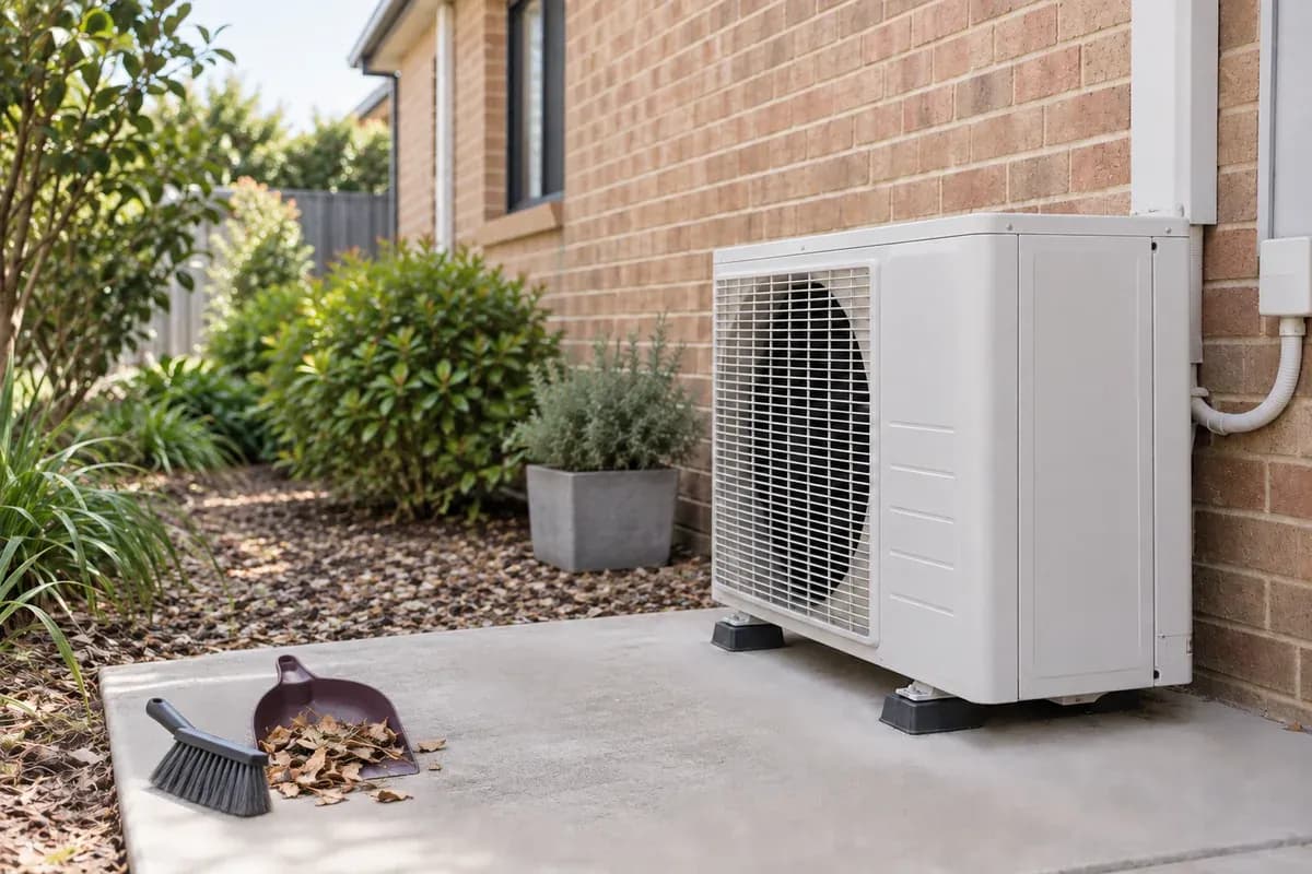 An intact outdoor air-conditioning unit with open space around it.