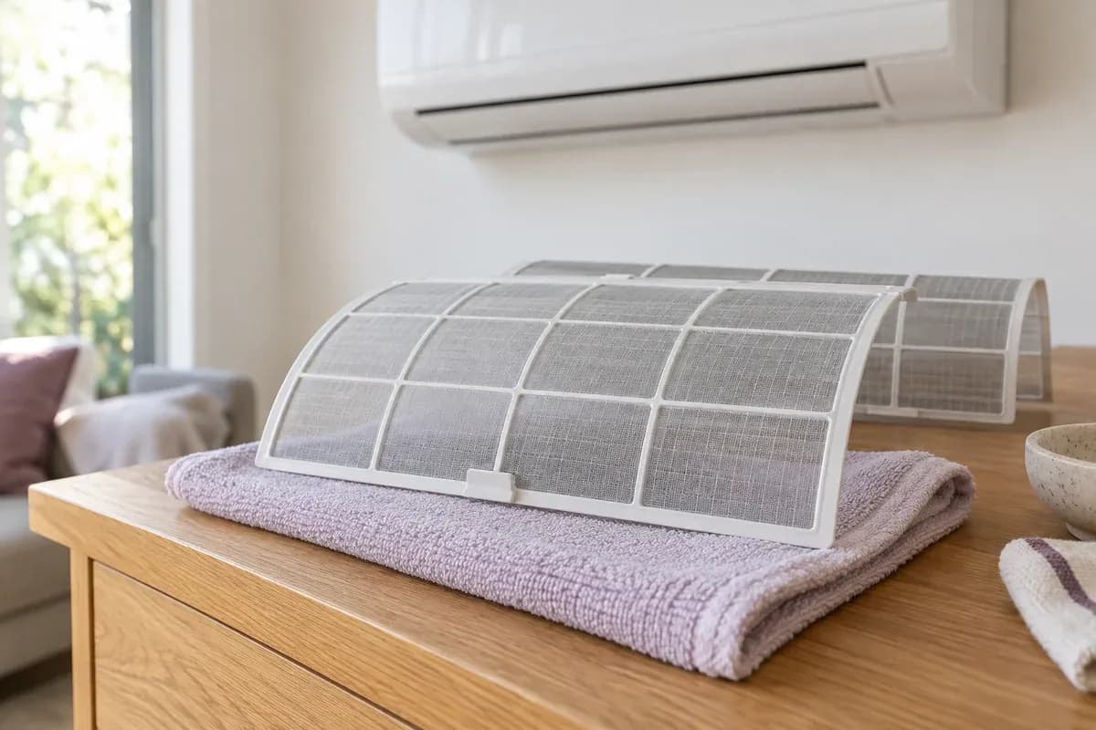 Removable mesh air-conditioner filters resting on a towel.