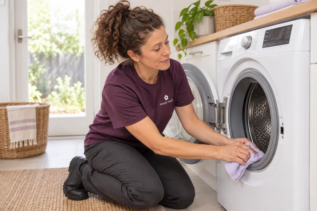 A cleaner wipes the lower door seal of an open washing machine.