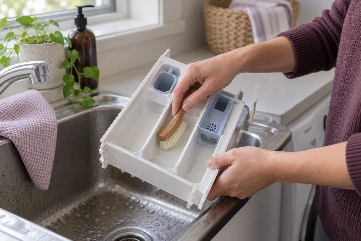 Hands brush the compartments of a removable washing-machine detergent drawer.