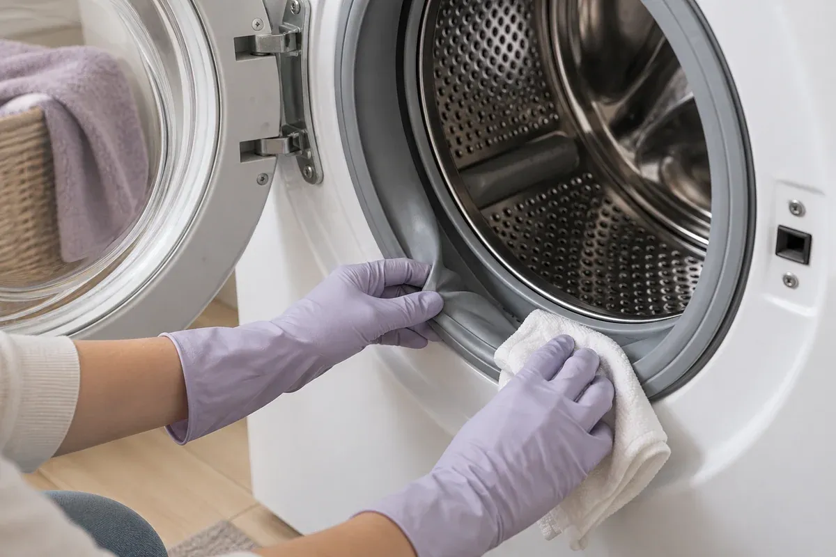 A washing-machine door gasket being gently wiped.