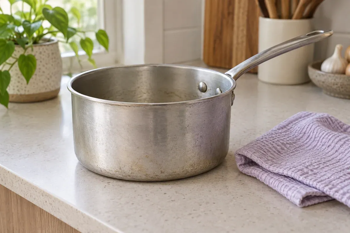 The matte surface and natural patina of an aluminium saucepan.