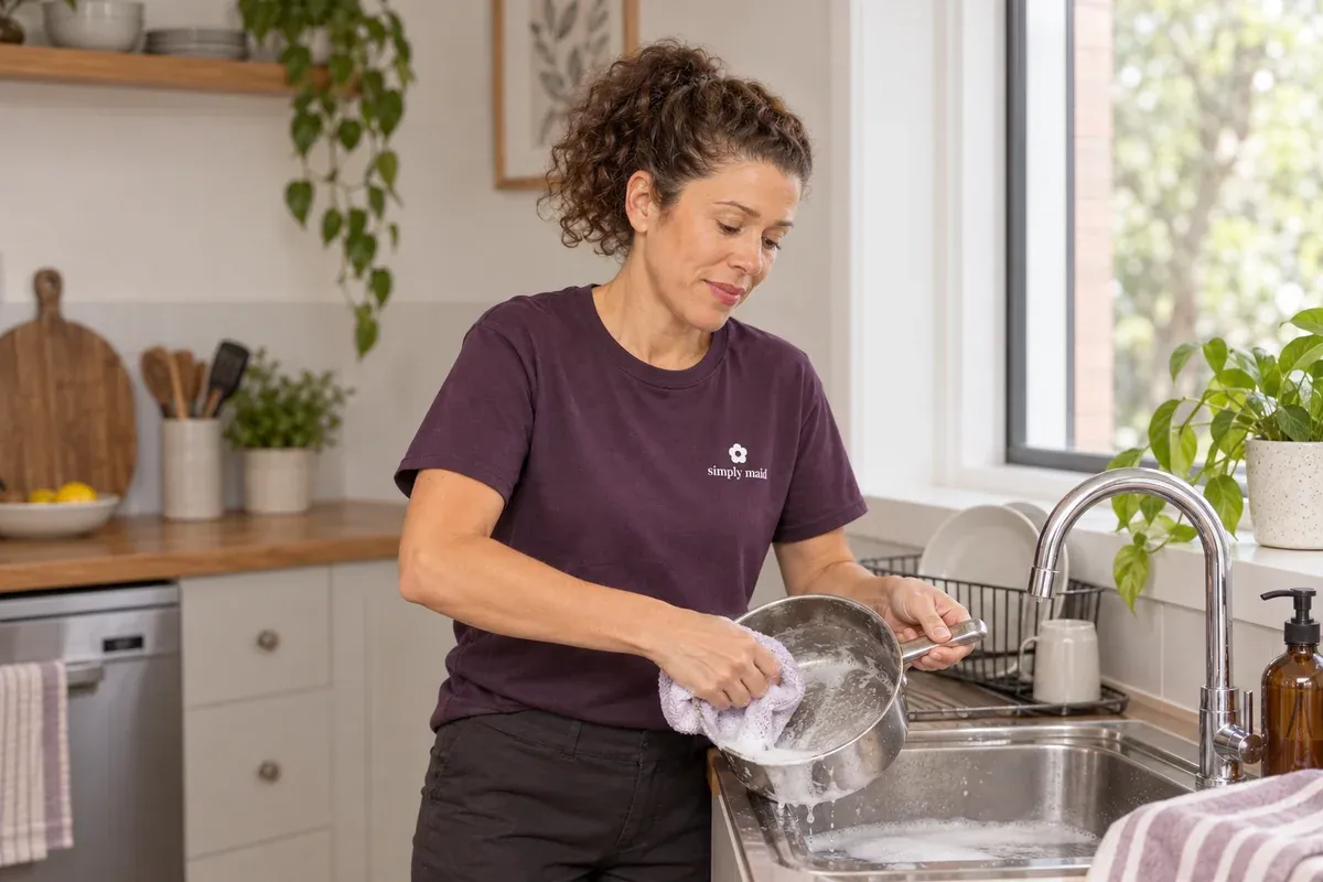 A cleaner washes a cool aluminium saucepan with a soft cloth.