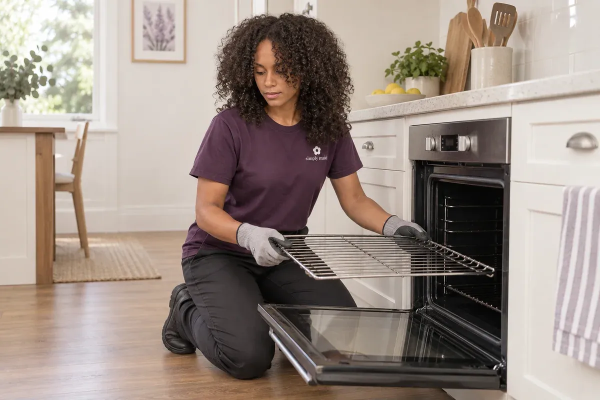 A cleaner removes a rack from a cool oven before cleaning.