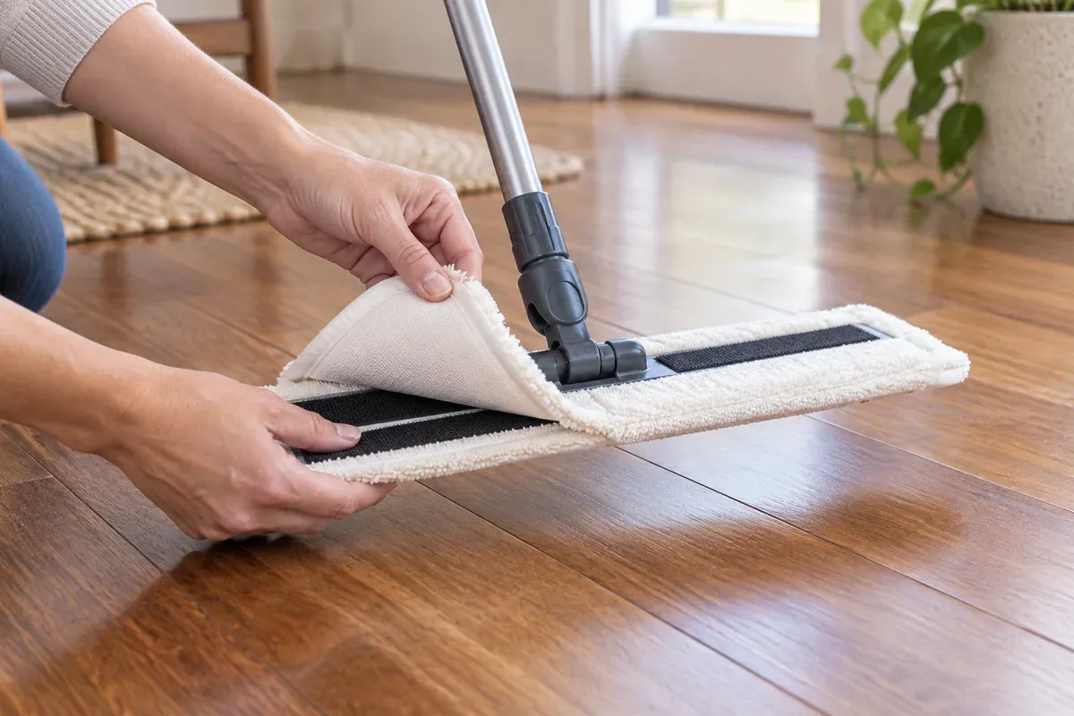 A clean dry microfibre pad fitted to a flat mop.