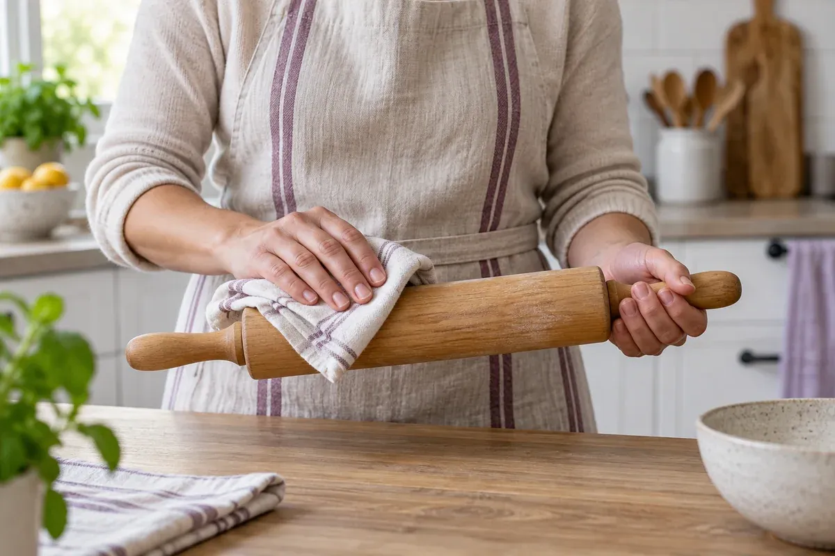 A wooden rolling pin is wiped with a lightly damp cloth.