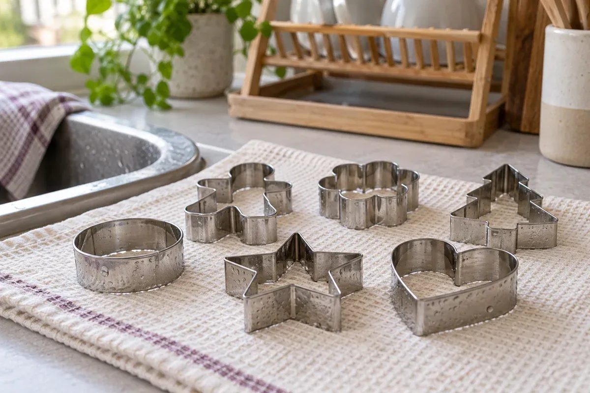 Metal cookie cutters drying individually on a tea towel.